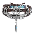 Retro multilayer leather bracelet with turquoise beads and silver feather rudder charms - Brown/Silver/Turquoise (5935)