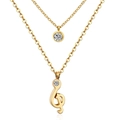Double-layered gold necklace featuring a treble clef note and round zircon pendant - Music Note/Gold