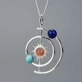 Solar system necklace with red sunstone and blue natural beads on S925 silver chain - Pendant Only (Without Chain) (LFJE0181) / Silver