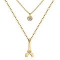 Double-layer gold cross chain necklace with Eiffel Tower and crystal round pendants - Tower/Gold