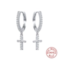 S925 sterling silver hoop earrings with diamond-encrusted cross pendants for women - White Gold