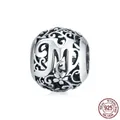 Spherical S925 sterling silver charm bead with hollow letter M and floral patterns - 925 Silver / Letter M