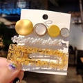 Three-piece hair clip set with gold metal, white pearls, and gold foil resin accents - 12#-Gold Gem Pearl Set