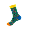 Green mid-calf socks with colorful elk patterns, yellow cuffs, blue heels and orange toes - One Size / Green Multicolor Elk (56)