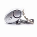Silver personal safety alarm with keychain and grey wrist strap on white background - Silver