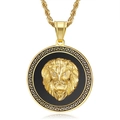 Gold-plated titanium steel lion head pendant with black enamel and Greek fret border - Gold (Pendant Only)