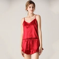 Completo pigiama in raso rosso da donna con canotta scollo a V e shorts con volant - Taglia S / Top E Pantaloni / Rosso