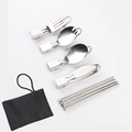 6-piece stainless steel folding cutlery set with black storage bag for outdoor use - Cutlery Set Folding Knife Fork Spoon Spork Chopsticks Black Bag