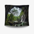 Square tapestry with forest waterfall cave nature landscape print on white background - Gt110111