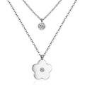 Collier double rang en acier inoxydable avec pendentif fleur argentée et solitaire zircon - Fleur / Argent