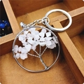 Macro detail of Tree of Life keychain with pink crystal stones in a wooden display box - Rose Quartz
