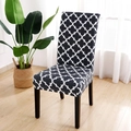 Elastic dining chair cover with black and white geometric pattern on black wooden chair - Stylish Gray