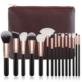 15-piece makeup brush set with matte black handles, rose gold tubes and brown leather case - 15Pcs Black Gold Brushes With Brown Bag