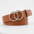 Brown leather women belt with silver double circle buckle for dresses and jeans - Camel