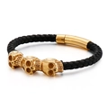 Bracciale teschio in acciaio al titanio con pelle intrecciata nera e chiusura dorata - 21.5cm / Stile Pelle Nera Oro (KB123276-KFC)