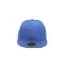 Detail of royal blue flat brim baseball cap with gold size sticker and stitched eyelets - Adjustable / Blue