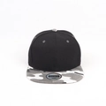 Detail of black snapback hat with grey camouflage flat brim and top ventilation eyelets - Adjustable / Gray Camo Brim Black Hat