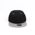 Detail of a black and grey snapback hat featuring a flat brim and laser sticker - Adjustable / Light Gray Brim Black Hat