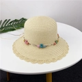 Straw sun hat in light beige with wavy lace brim and cute rabbit beads decoration - S (50-52cm) / Beige