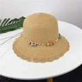 Beige woven straw sun hat for women featuring cute cartoon rabbit beads and wavy brim - S (50-52cm) / Khaki