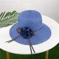 Women's dark blue wide-brim straw hat with elegant flower detail for beach sun protection - M (56-58cm) / Navy Blue
