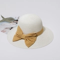 White straw sun hat with yellow plaid bow tie for women summer beach vacation wear - M (56-58cm) / Creamy White