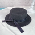 Elegant black boater straw hat featuring a navy ribbon with white stitching accents - M (56-58cm) / Black