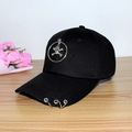 Detail of black baseball cap featuring silver metal rings and skull pendant accessory - Adult Adjustable 55-59cm / Skull Ring (Black)