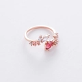 Macro detail of rose gold flower ring with pink pear crystal and leaf zircon accents - 14#12957B (Red)