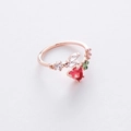 Detail of rose gold strawberry ring with red heart stone and green leaf accents - 16#12958B (Red)