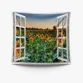 3D window view wall tapestry with sunflower field at sunset in a white frame design - Gt110122