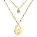 Double-layered gold necklace featuring a dainty diamond pendant and a heart-shaped lock - Heart Lock/Gold