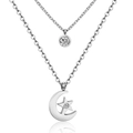 Silver double layer stainless steel necklace featuring crystal moon and star pendants - Star Moon/Silver