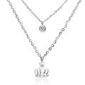 Double-layered silver stainless steel necklace with crown and zircon stone pendants - Crown/Silver