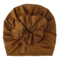 Caramel brown baby turban hat with pleated floral design made of soft knit fabric - Caramel color