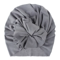 Soft grey knitted cotton baby turban hat featuring an oversized ruffled flower knot - Light Gray
