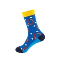 Blue cotton crew socks with brown sausage and white polka dots pattern, yellow cuff - One Size / Blue Brown Sausage (57)
