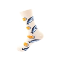 Mid-calf cotton socks in beige featuring blue cartoon fish and orange citrus fruit patterns - One Size / Beige Fish Orange (76)