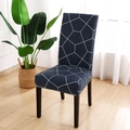 Navy blue stretch dining chair cover with white geometric hexagon pattern for home decor - Soccer Grid