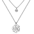 Double-layered silver necklace with round zircon and hollow rose flower pendants - Rose/Silver