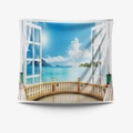 3D tropical sea view window tapestry with white terrace and blue ocean scenery - Gt104540