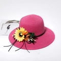 Rose pink woven straw sun hat with decorative yellow sunflowers and broad brim - M (56-58cm) / Rose Red