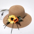 Brown woven straw sun hat with vibrant sunflower and orange floral accents for summer - M (56-58cm) / Khaki