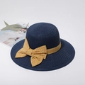 Navy blue straw sun hat with a yellow gingham ribbon and bow for summer beach vacations - M (56-58cm) / Navy Blue