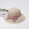 Beige woven straw sun hat for women featuring a pink checkered ribbon bow accent - M (56-58cm) / Beige