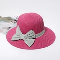 Women's rose red straw sun hat with stylish grey plaid ribbon bow for summer beach vacation - M (56-58cm) / Rose Red