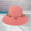 Pink straw sun hat with bohemian colorful beads and floral charms on smooth fabric background - M (56-58cm) / Pink