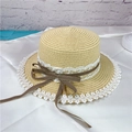 Flat top straw sun hat in beige with delicate white lace trim and brown plaid ribbon bow - Adult M (56-58cm) / Beige