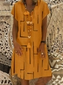 Bright yellow V-neck short sleeve dress with black geometric lines for women - S / Orange