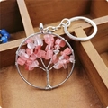 Detail of pink crystal chips Life of Tree keychain with silver wire wrap in a wooden box - Red Quartz